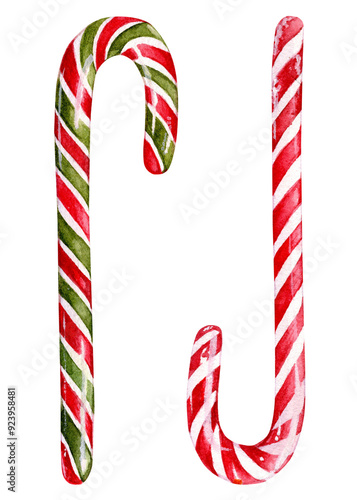 Cute hand drawn watercolor christmas canes in red and green colors