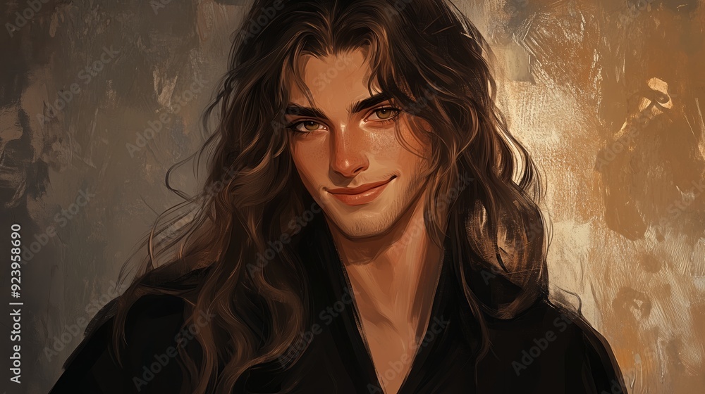 Young man with long hair smiles warmly in an artistic portrait against a textured background Young man with long hair smiles warmly in an artistic portrait against a textured background