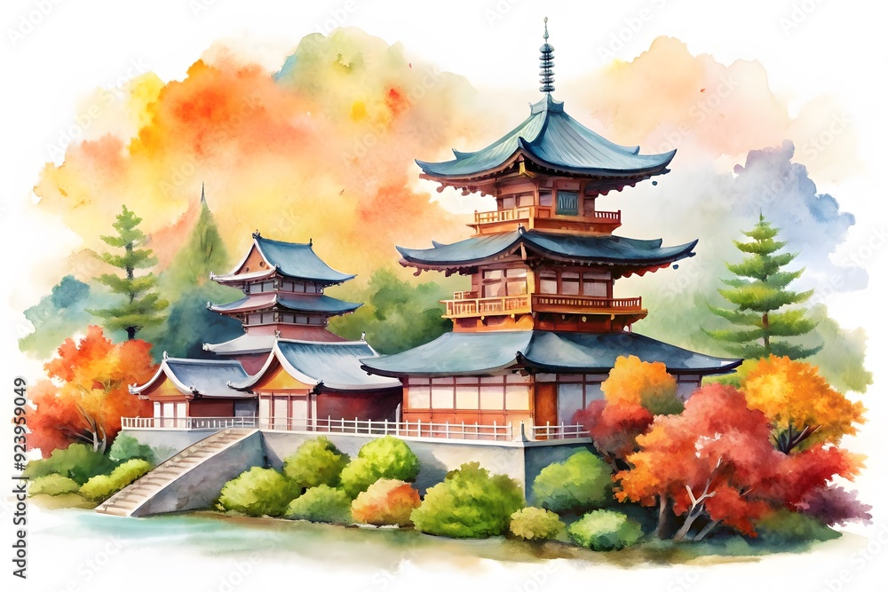 Fototapeta premium Japanese pagoda, in garden. Cherry flower branch. Vector illustration Chinese house. Cherry blossoms. Apple tree. House in traditional Asian architecture. Rural multi-storey Korean temple, castle. 