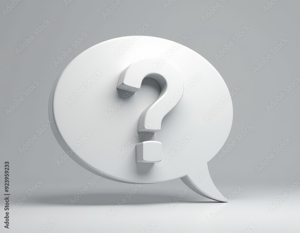 Three-dimensional speech bubble with a question mark in a minimal light gray background. Three-dimensional speech bubble with a question mark in a minimal light gray background.