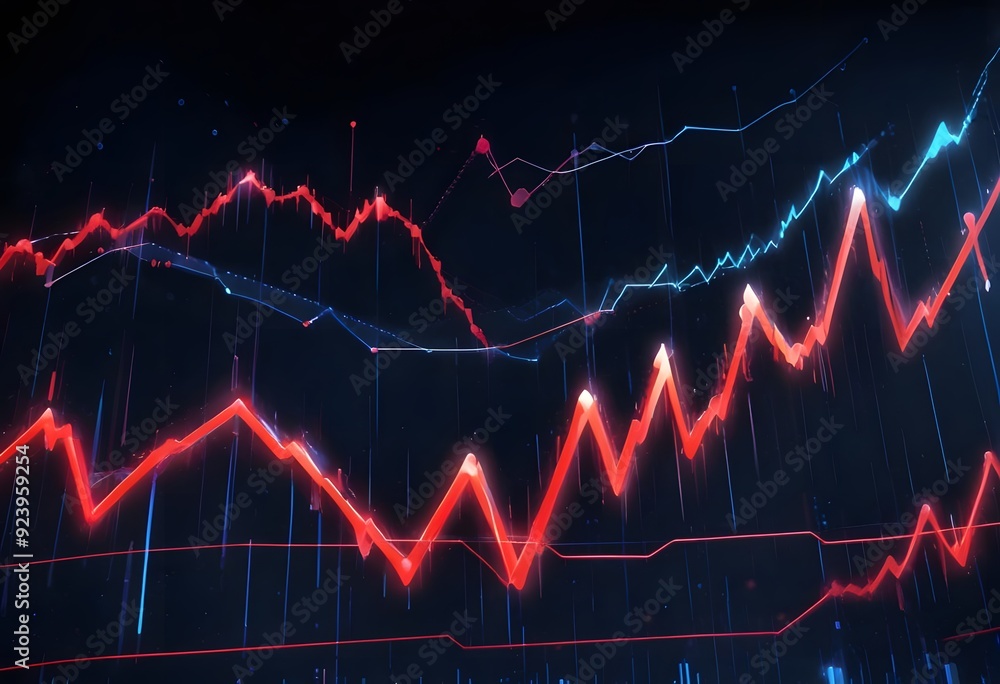 A stock market chart with candlestick patterns and technical indicators displayed on a dark background with neon-colored lines and lights A stock market chart with candlestick patterns and technical indicators displayed on a dark background with neon-colored lines and lights