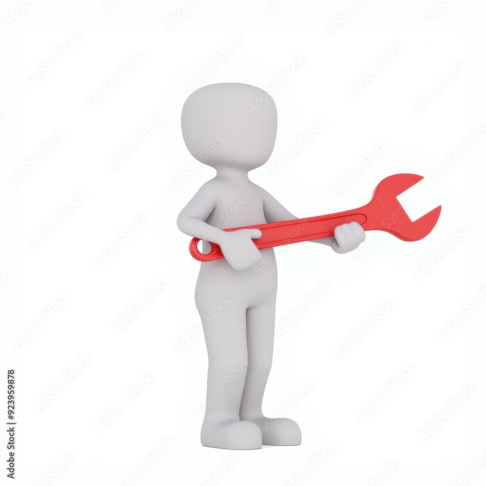 3D-rendered figure holding a large red wrench, symbolizing repair or maintenance work. 3D-rendered figure holding a large red wrench, symbolizing repair or maintenance work.