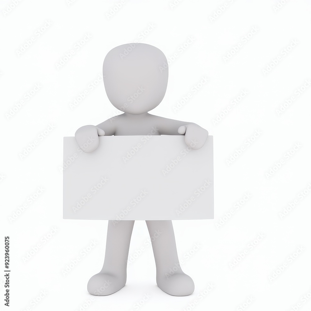 3D figure holding a blank sign, ready for your message, on a plain white background. 3D figure holding a blank sign, ready for your message, on a plain white background.