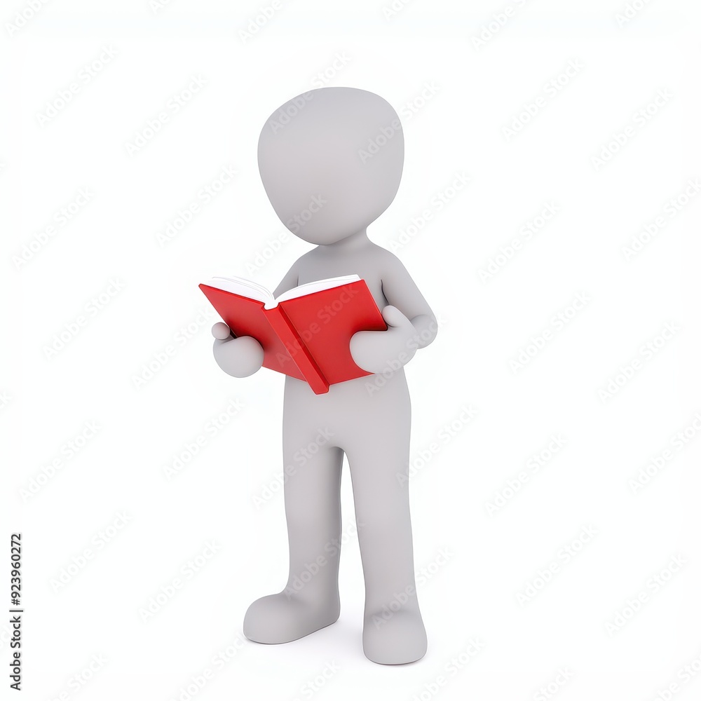 3D animated figure reading a red book against a plain white background. 3D animated figure reading a red book against a plain white background.