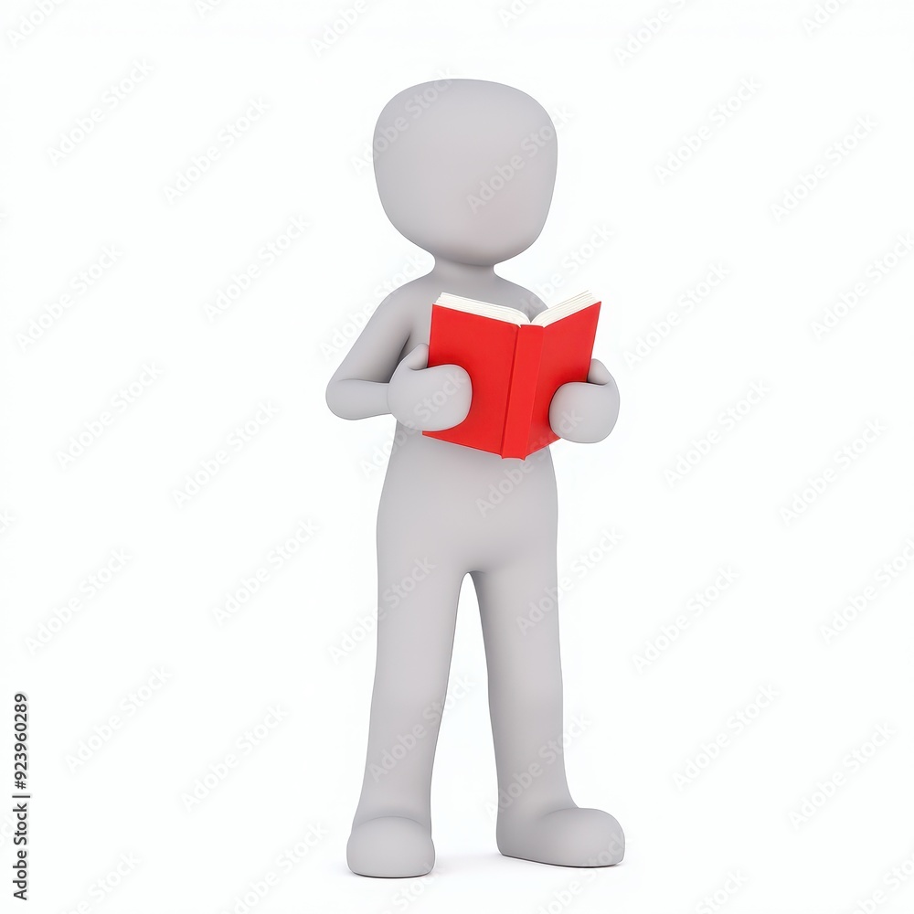 3D-rendered figure reading a red book, depicting focus and education. 3D-rendered figure reading a red book, depicting focus and education.