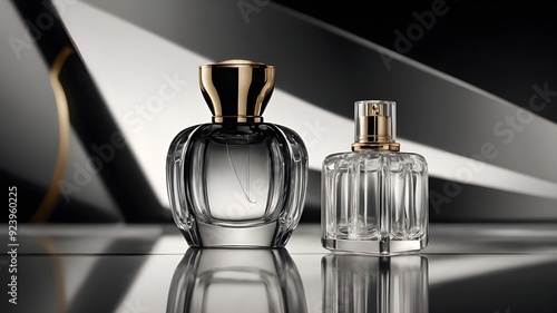 Elegant black and white stylized glass perfume bottle 3d realistic vector scene illustratio with background 