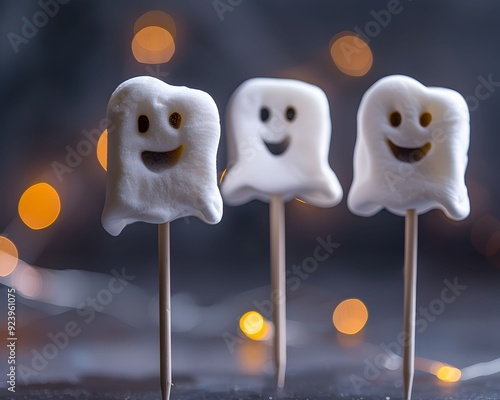 white ghost shaped marshmallows on sticks. The marshmallows are decorated with black eyes and mouths