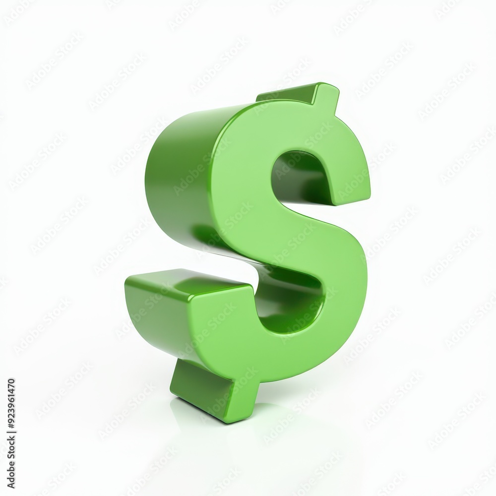 Fototapeta premium A glossy green dollar sign symbol on a white background, representing financial concepts.