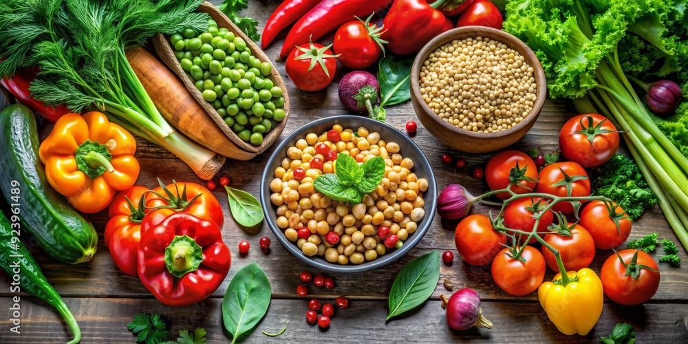 A Rustic Tabletop Still Life Fresh Green Peas, Chickpeas, Tomatoes and Peppers on Wooden Background, vegetarian , food photography , still life , healthy food A Rustic Tabletop Still Life Fresh Green Peas, Chickpeas, Tomatoes and Peppers on Wooden Background, vegetarian , food photography , still life , healthy food