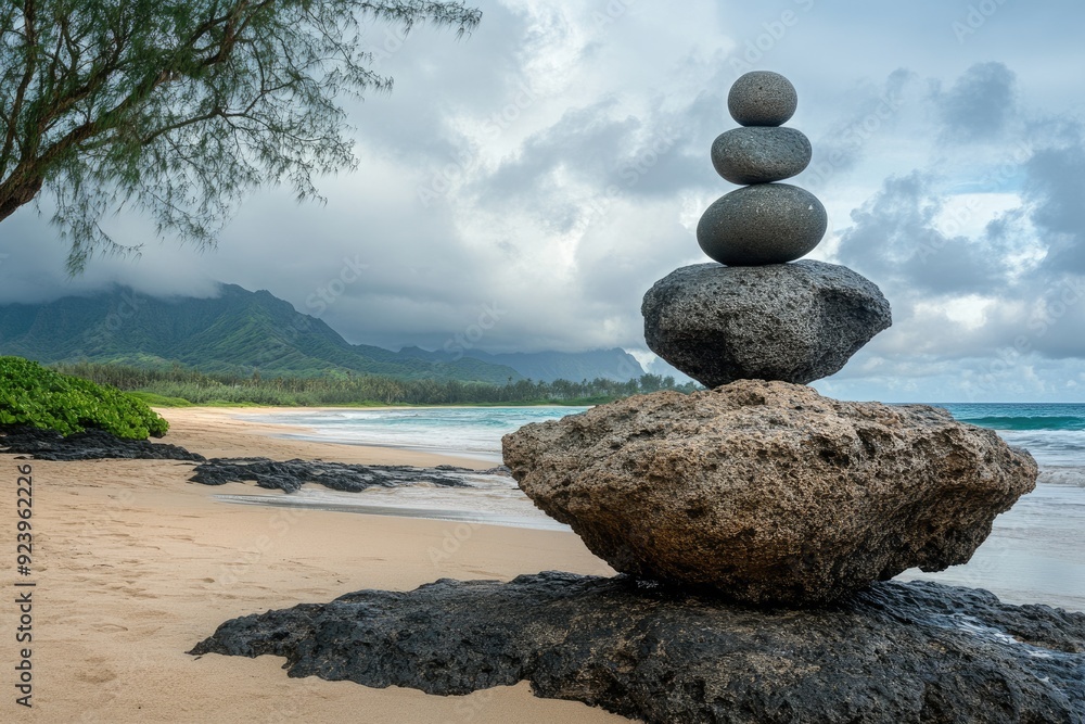 Hawaii Balance. Kauai Rocks in Zen Stone Garden on Beach Hawaii Balance. Kauai Rocks in Zen Stone Garden on Beach