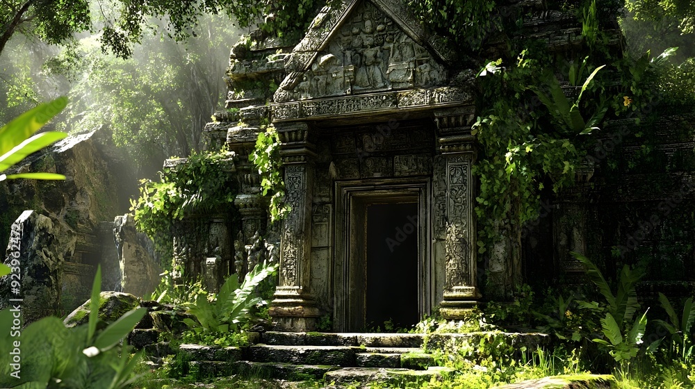 Mysterious Ancient Temple Ruins Overgrown with Lush Vegetation in 3D Mysterious Ancient Temple Ruins Overgrown with Lush Vegetation in 3D