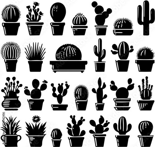 Silhouette Set of Various Cacti, Desert Plant Illustrations, Minimalistic Cactus Designs for Wall Art, Home Decor, Greeting Cards, Tattoo Ideas, Nature-Themed Graphic Elements, Digital Prints