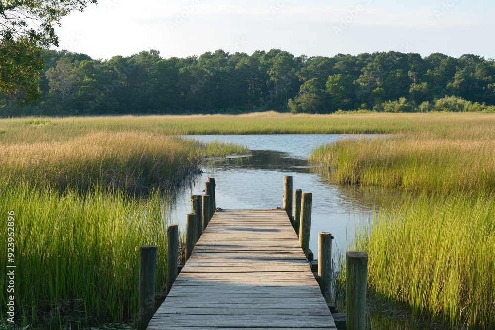 Obraz premium Marsh Dock. Serene Dock Overlooking Marshland Landscape with River