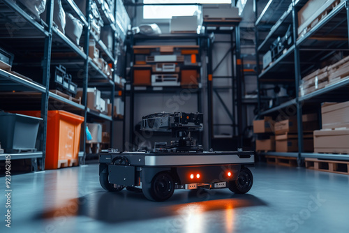 Autonomous Mobile Robot Navigating Modern Warehouse, High-Tech Inventory Management photo