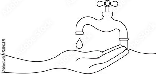
hand holding a faucet continuous one line art drawing, vector illustration
