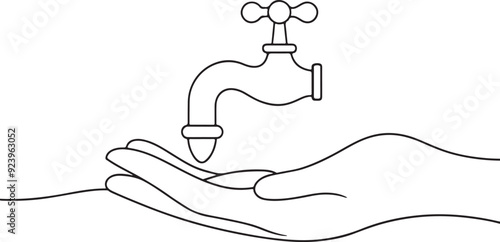 
hand holding a faucet continuous one line art drawing, vector illustration
