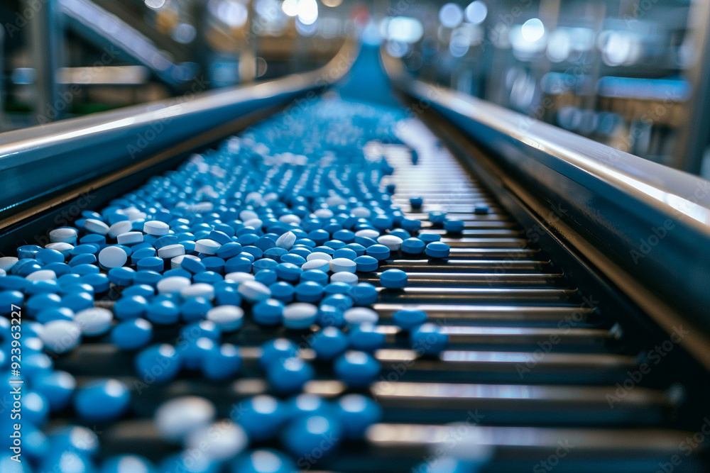 Pills on Conveyor Belt in a Pharmaceutical Factory Pills on Conveyor Belt in a Pharmaceutical Factory