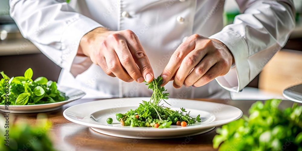 Chef's Hands Garnishing a Dish with Fresh Herbs. A close-up of a chef's hands meticulously garnishing a beautifully plated dish with fresh herbs. Chef's Hands Garnishing a Dish with Fresh Herbs. A close-up of a chef's hands meticulously garnishing a beautifully plated dish with fresh herbs.