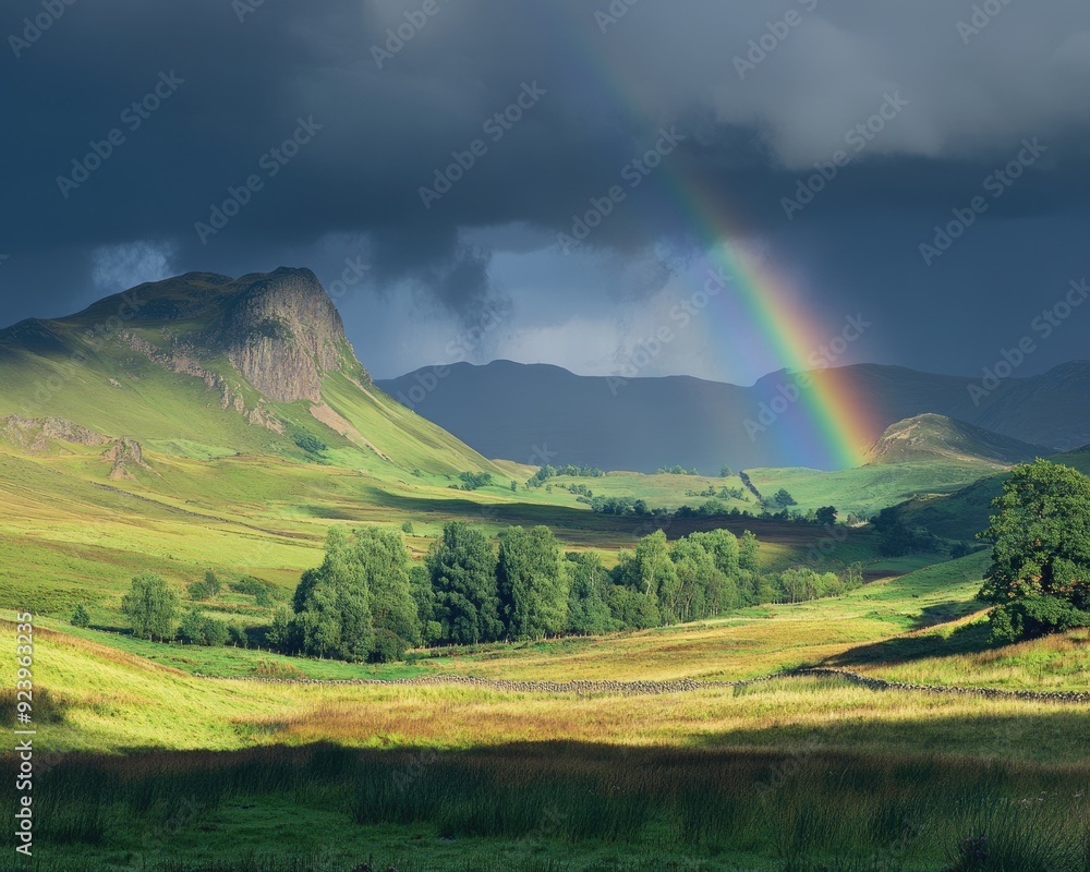 Obraz premium Scotland Rainbow. Stunning Landscape with Vibrant Rainbow in the Sky