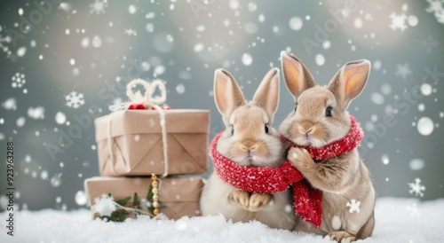 Two Cute Rabbits Wearing Red Scarves in a Festive Winter Setting With Snowy Background photo