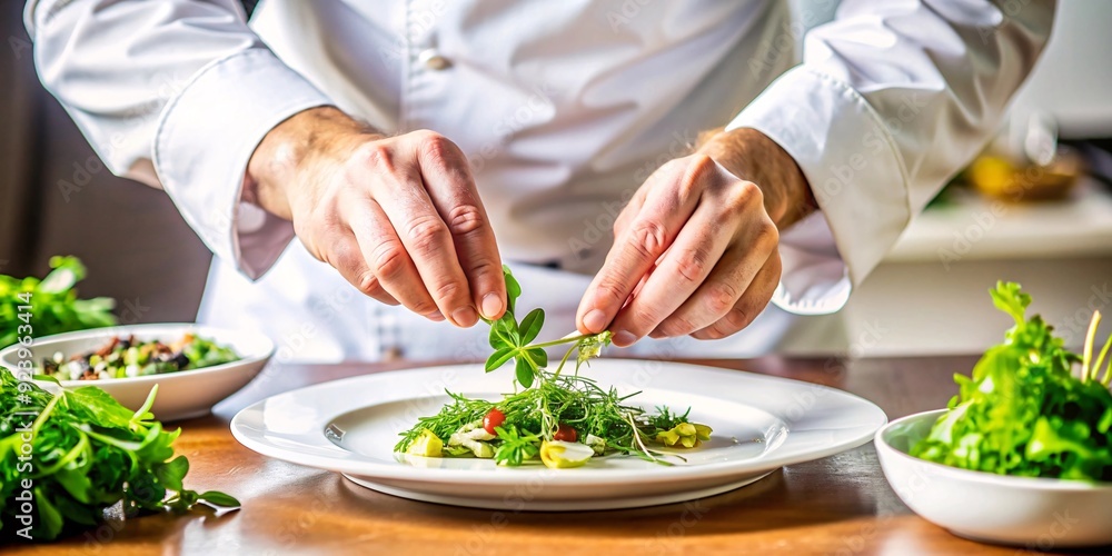 Chef's Hands Garnishing a Dish with Fresh Herbs. A close-up of a chef's hands meticulously garnishing a beautifully plated dish with fresh herbs. Chef's Hands Garnishing a Dish with Fresh Herbs. A close-up of a chef's hands meticulously garnishing a beautifully plated dish with fresh herbs.