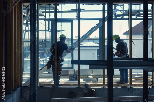 Wallpaper Mural Workmen installing a window frame at a building site, construction site. Generative AI Torontodigital.ca