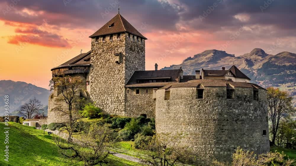 Vaduz Castle, the official residence of the Prince of Liechtenstein, at sunset, Switzerland Vaduz Castle, the official residence of the Prince of Liechtenstein, at sunset, Switzerland