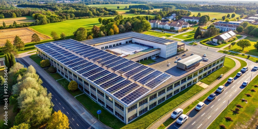 Aerial View of Modern Building with Solar Panels and Green Surroundings, solar power, renewable energy, sustainable architecture, green building Aerial View of Modern Building with Solar Panels and Green Surroundings, solar power, renewable energy, sustainable architecture, green building