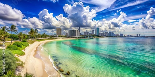 Aerial View of Turquoise Waters and a City Skyline, Guam , Pacific Ocean , Beach , Tropical