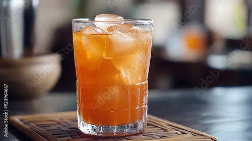 Refreshing Bael Fruit Tea in Traditional Glass with Ice Cubes