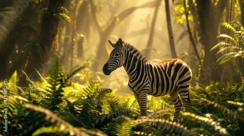 A graceful zebra with stripes in a lush green forest.