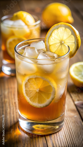 Close-Up of Iced Tea with Lemon Slice on Wooden Table