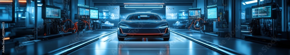 Fototapeta premium Future Robotics and Automation at an Electric Car Manufacturing Plant, Embracing Advanced Technology for Production Efficiency and Statistics