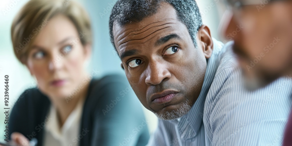 Obraz premium A close-up of three educators in a staff meeting intensely discussing policy changes their expressions showing deep thought and concern