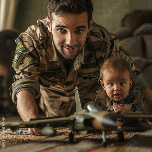 Military man in casual attire playing airplane with his baby, military, imaginative fun photo