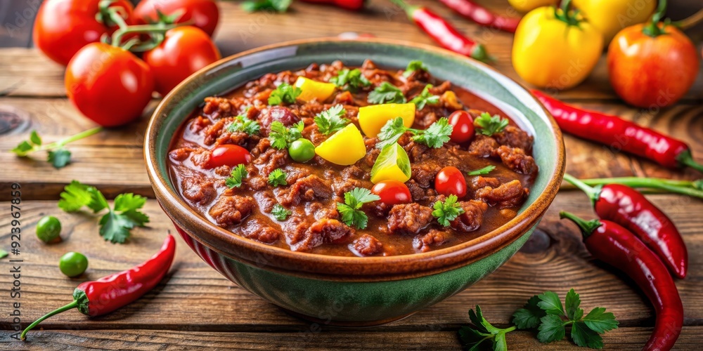 Chili Con Carne in a Green Bowl on a Rustic Wooden Table, Chili , Spicy , Beef , Dinner Chili Con Carne in a Green Bowl on a Rustic Wooden Table, Chili , Spicy , Beef , Dinner