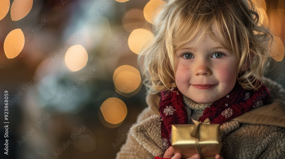 A blond boy in a winter coat holding a gift box happily on the day of the celebration, an important holiday event A blond boy in a winter coat holding a gift box happily on the day of the celebration, an important holiday event