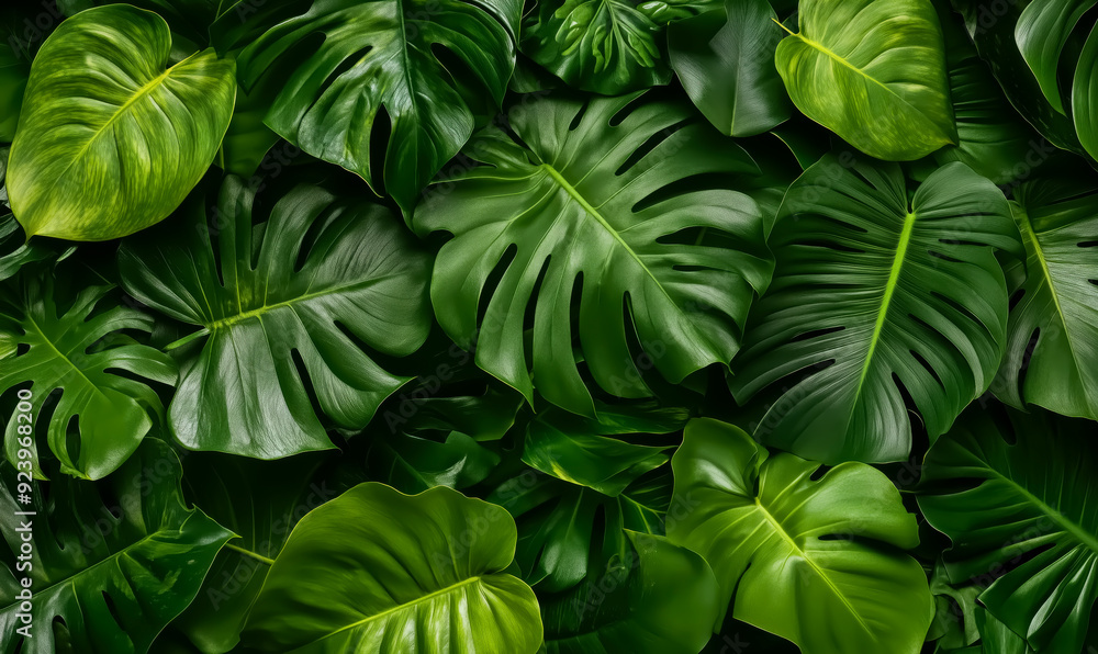 A close up of green leaves with a lush green background. The leaves are large and leafy, giving the impression of a dense forest. Concept of tranquility and natural beauty A close up of green leaves with a lush green background. The leaves are large and leafy, giving the impression of a dense forest. Concept of tranquility and natural beauty