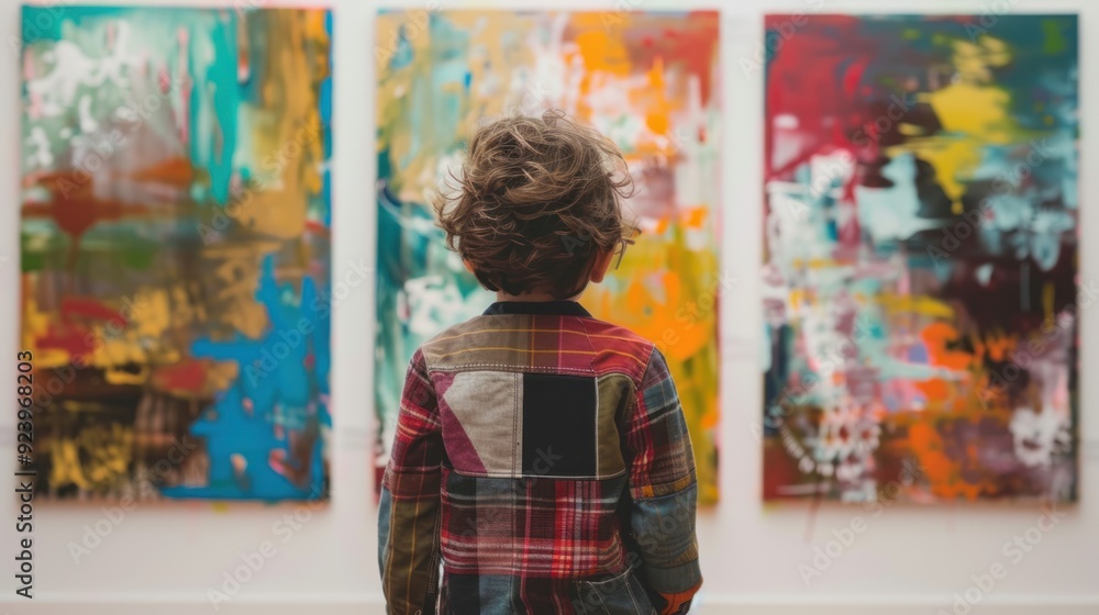 Obraz premium A young child happily watches and observes the bright abstract images in the art gallery.
