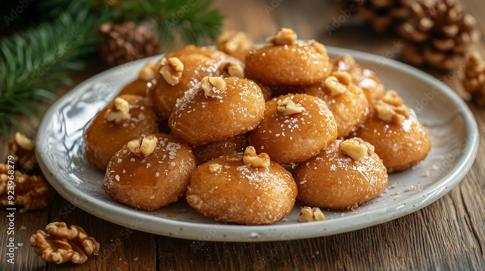 Plate of Traditional Greek Melomakarona with Honey and Walnuts Plate of Traditional Greek Melomakarona with Honey and Walnuts