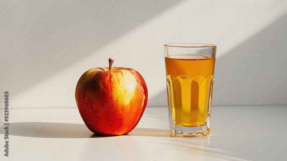 Apple juice placed next to delicious fresh red apple on white background with copy space Apple juice placed next to delicious fresh red apple on white background with copy space