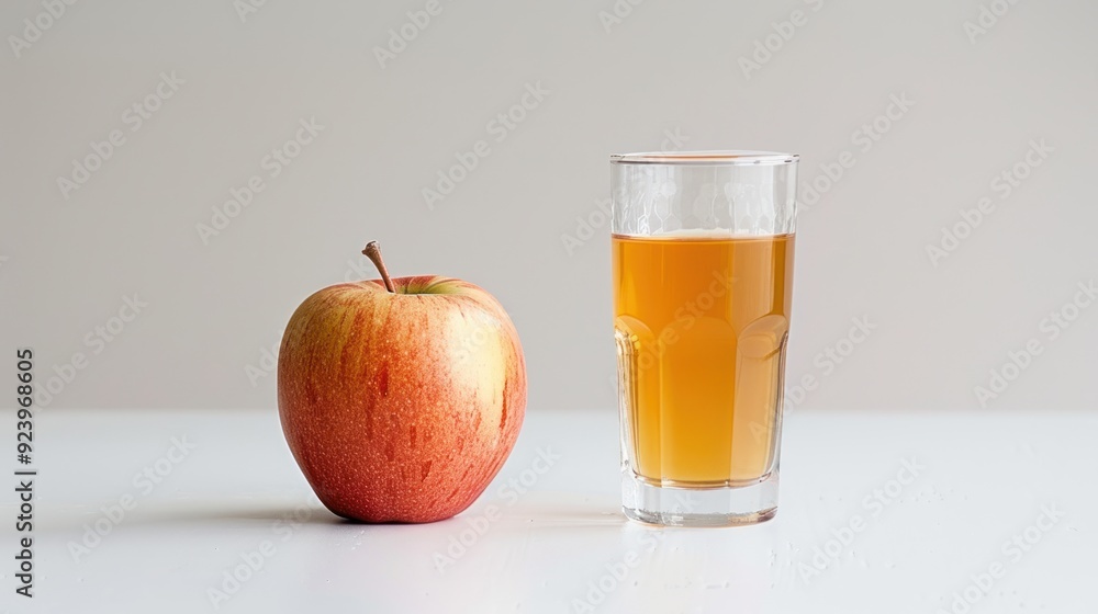 Apple juice placed next to delicious fresh red apple on white background with copy space Apple juice placed next to delicious fresh red apple on white background with copy space
