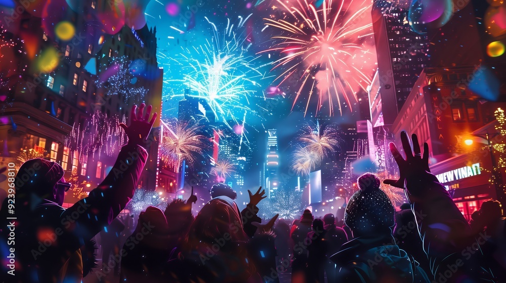 Join a festive New Year's Eve countdown with fireworks, music, and joyful crowds in the streets! Join a festive New Year's Eve countdown with fireworks, music, and joyful crowds in the streets!