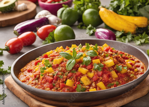 Colorful Vegetable Dish Prepared With Fresh Ingredients Surrounded by Greenery and Fruits on a Rustic Table