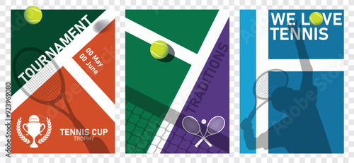 Tennis cup - tournament Poster, Banner or Flayer - Players, Rackets and Ball on the line and net - Simple retro competition - Sports championship Vector Illustration, We love tennis