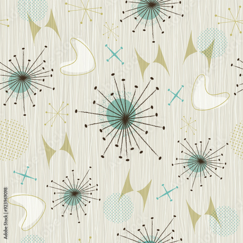 Mid-century modern, atomic age seamless pattern. Retro 1950s background