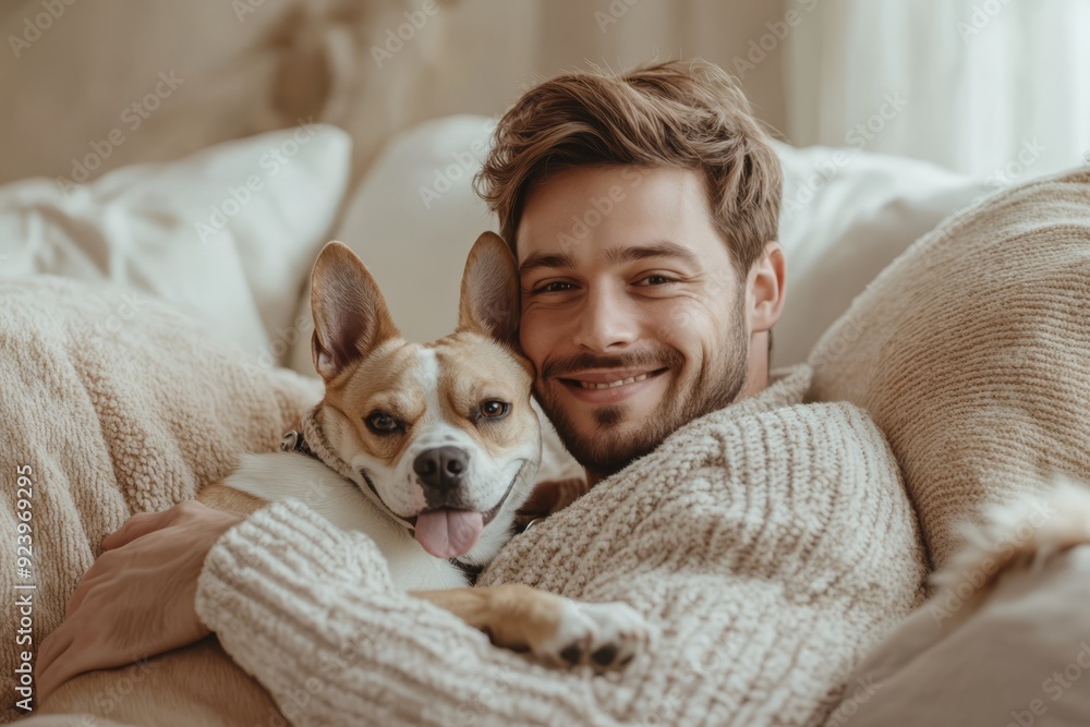 Joyful man sitting on a sofa, hugging a dog in a cozy indoor setting in the afternoon Joyful man sitting on a sofa, hugging a dog in a cozy indoor setting in the afternoon