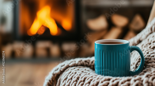 Cozy Mug of Hot Tea by Fireplace on Knitted Blanket