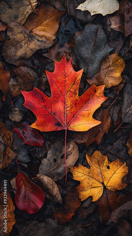 A Single Vibrant Red Maple Leaf Amongst a Bed of Autumn Leaves A Single Vibrant Red Maple Leaf Amongst a Bed of Autumn Leaves