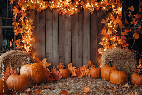 Cozy Autumn Scene with Pumpkins, Hay Bales, and String Lights on Wooden Backdrop